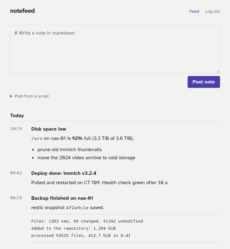 The notefeed web UI: a compose box above notes grouped by day