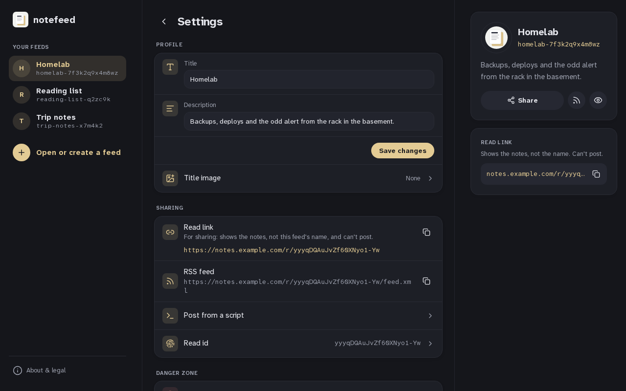 A feed's settings page: Profile, Sharing and Danger zone as groups of rows