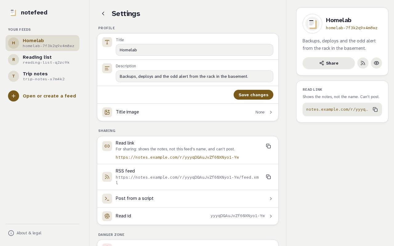 A feed's settings page: Profile, Sharing and Danger zone as groups of rows